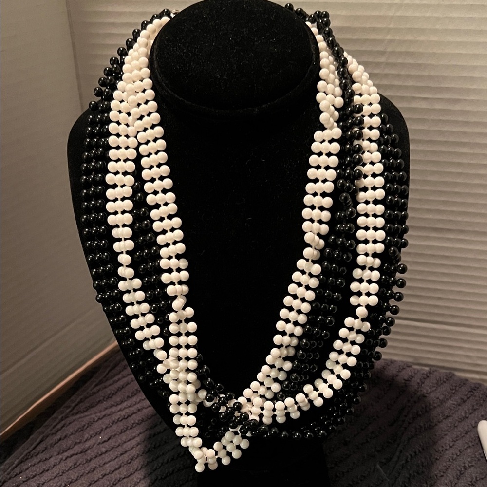 Elegant Vintage Black and White 4 Strand Flat Beaded Necklace